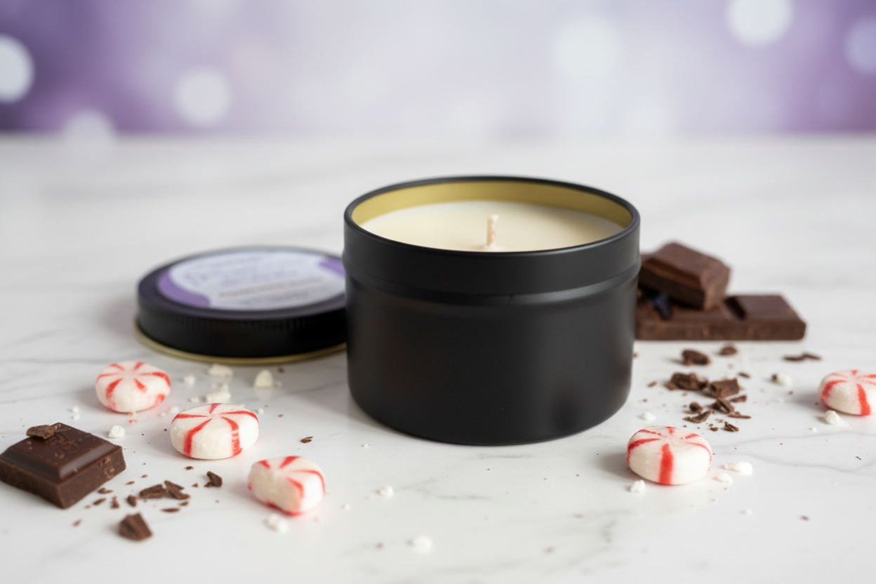 Peppermint Mocha candle with peppermints and chocolates